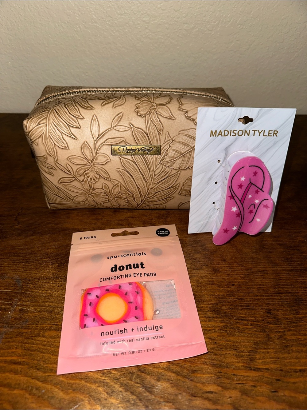 Revive Vintage Floral Embossed Cosmetic Bag - Champagne Gold bundle